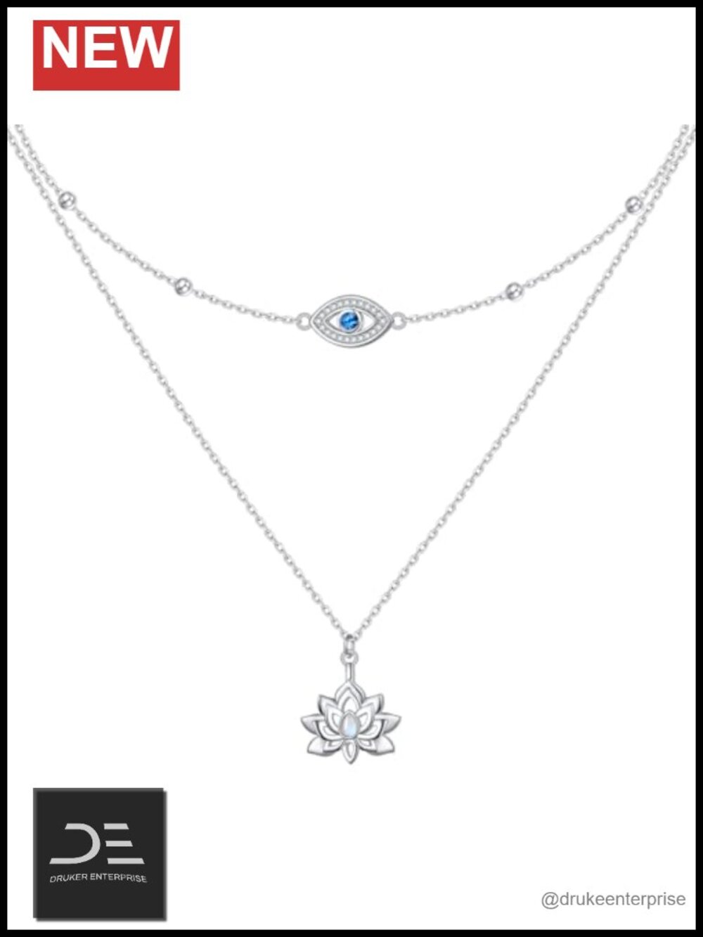925 Sterling Silver Evil Eye Lotus Moonstone Double Layered Necklace